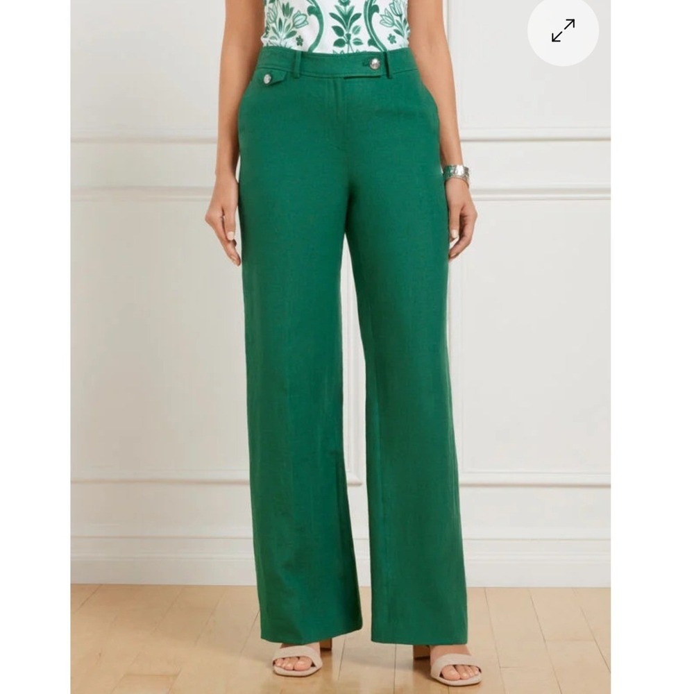 Talbots Greenwich Wide Leg Linen Pants Green Women 12 Coastal Preppy Career Luxe
